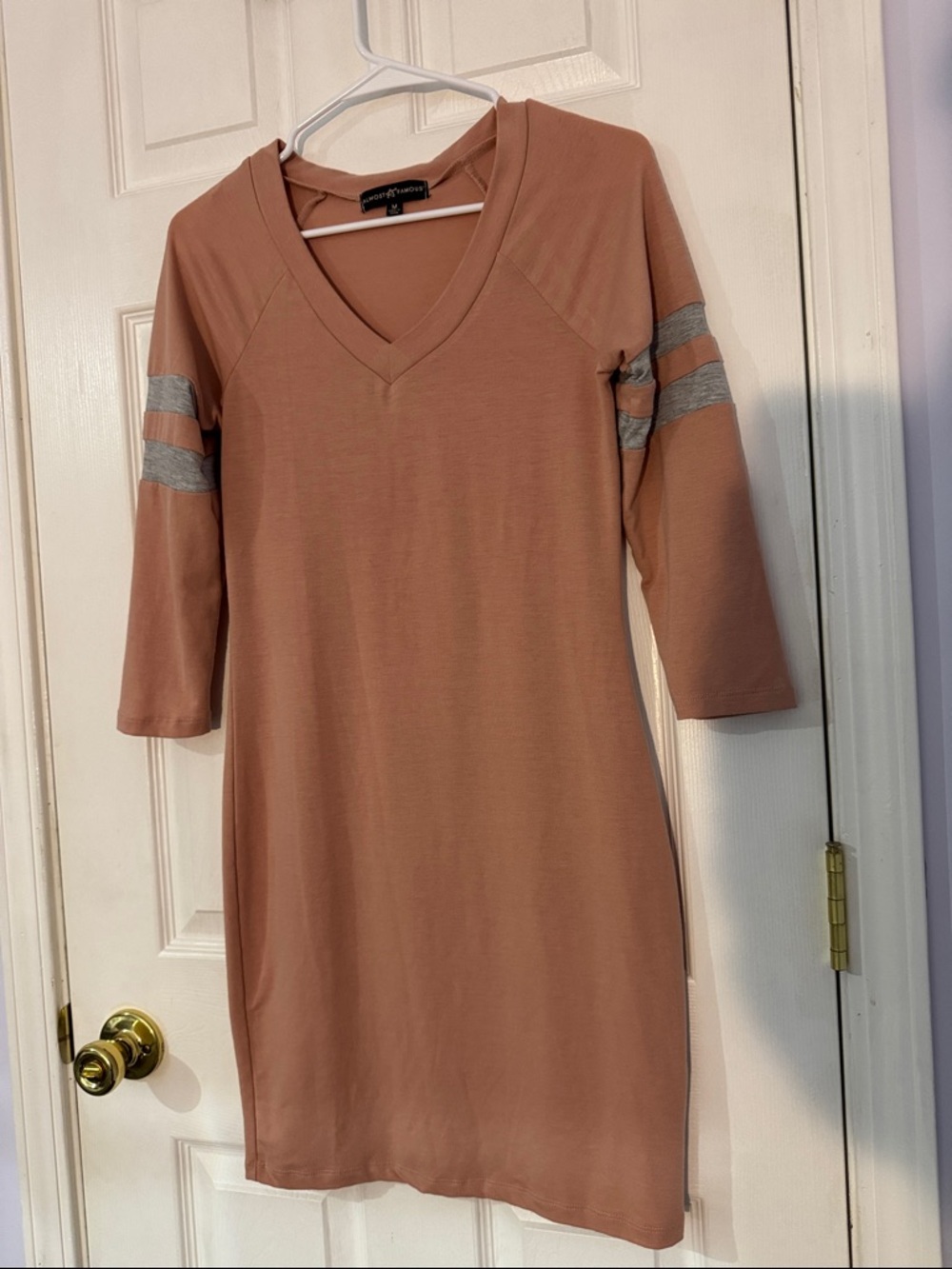 Almost Famous Mauve V-Neck Mini Dress with Silver Sleeve Stripes- medium